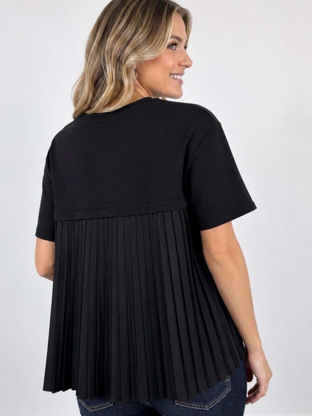 ZARA Black Pleated Back Top M Short Sleeve High Low Tee Shirt
